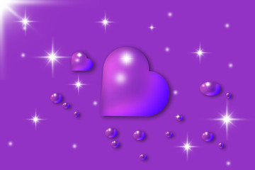 Purple heart shape, water droplets on a beautiful purple background