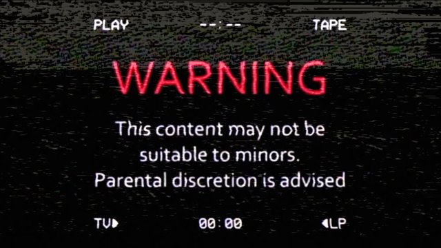An old retro vintage VHS tape, recreated from scratch with noise and distortion, showing a warning message: the following content may not be suitable to minors, parental discretion is advised.