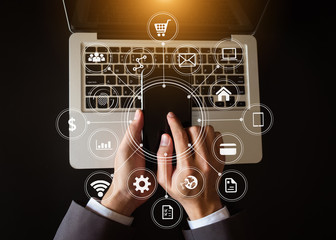 Coding software developer work with augmented reality dashboard computer icons  with responsive...