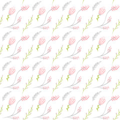 Vector seamless pattern with flat flower bouquet and leaves. Cute floral background for your design. Pastel colors - light pink, yellow, blue elements on white backdrop