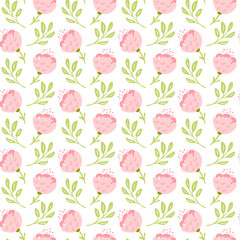 Vector seamless pattern with flat flower bouquet and leaves. Cute floral background for your design. Pastel colors - light pink, yellow, blue elements on white backdrop