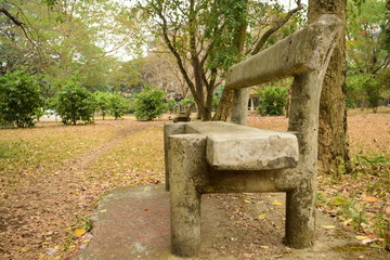 An empty bench inside a park