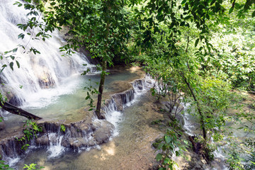 Beautiful Cascading Waterfall at Palenque Mayan Ruins in Mexico