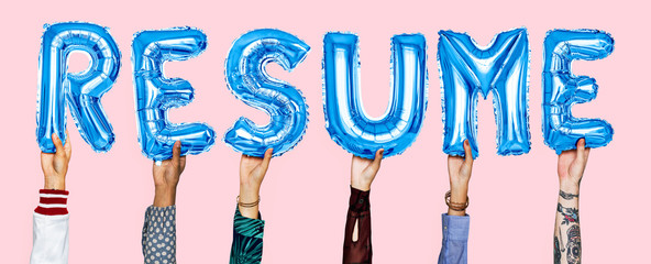 Hands holding resume word in balloon letters
