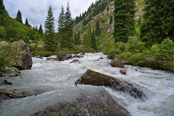 Speed turbulent water stream with white foam in the mountain river between rocks and boulders after hard rain. Shot at long exposure, blurred water