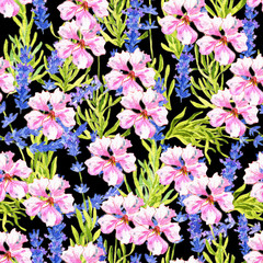Seamless pattern with lavender and cherry tree flowers on black. Repeated background with hand drawn watercolor doodle illustration