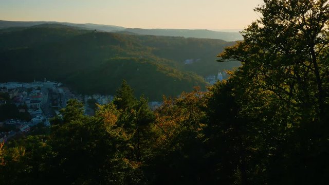 Aerial view of Karlovy Vary in sunset