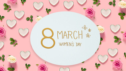 Women's Day message with pink roses and hearts 
