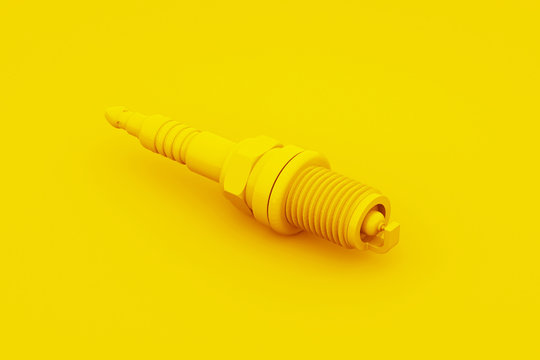 Spark plugs isolated on yellow background. 3D illustration