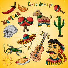 set of illustrations of design elements on the Mexican theme of Cinco de mayo celebration