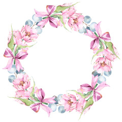 Fototapeta na wymiar Beautiful watercolor composition with florals tulips, wild flowers, leaves and eucalyptus in a wreath