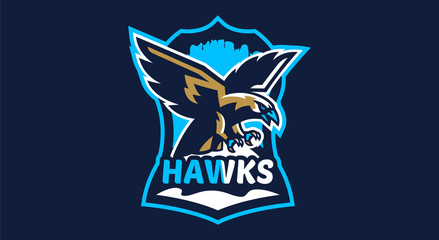 Colorful emblem, badge, logo of flying eagle. Bird, hunter, predator, dangerous animal, shield, lettering. Mascot sports club, vector illustration