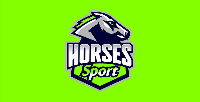 Horse logo. Sports logos of horses, racing stallions. Shield, text, mascot, head of a stallion. Vector illustration