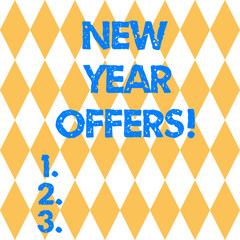 Text sign showing New Year Offers. Conceptual photo Final holiday season discounts price reductions sales Harlequin Design Diamond Shape in Seamless Repitition Pattern photo