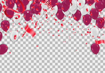 Party balloons Happy birthday illustration celebration background template with confetti and ribbons with place for your message