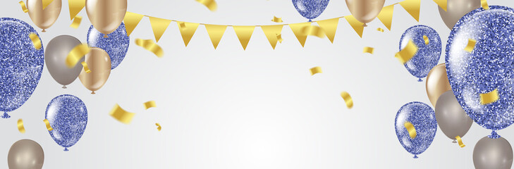 Party balloons Happy birthday illustration celebration background template with confetti and ribbons with place for your message