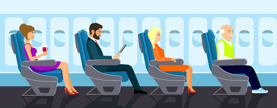 Passenger old man, young beautiful girls and businessman character sitting in chair on the plane . Vector flat style illustration.