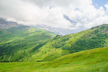 Fototapeta na wymiar Alpine peaks landskape background. Jungfrau, Bernese highland. Alps, tourism, journey, hiking.