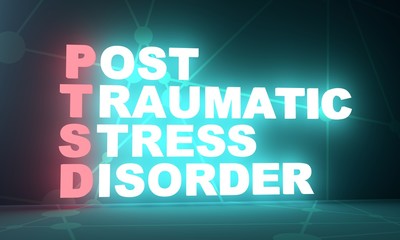 Acronym PTSD - Post Traumatic Stress Disorder. Helthcare conceptual image. 3D rendering. Neon bulb illumination