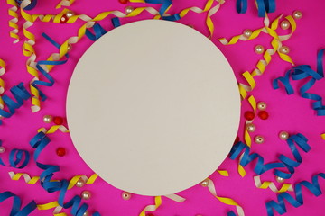 Flat Lay colorful celebration background with confetti on Pink background