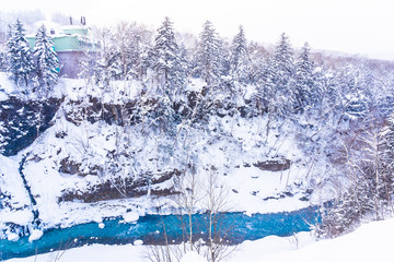 Fototapeta na wymiar Beautiful outdoor nature landscape with shirahige waterfall and bridge in snow winter season