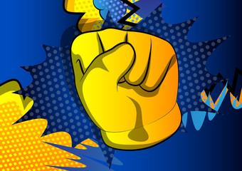 Vector cartoon hand making power to the people fist gesture. Illustrated hand sign on comic book background.