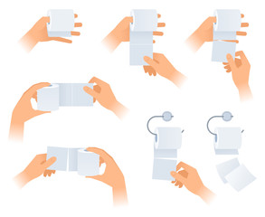 A human hands hold, wipe and tear off a toilet paper. The lavatory, wc and restroom vector element set isolated on white background. Flat concept illustration of hands with a rolls of toilet paper.