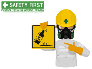 Industrial worker is presenting Chemical Hazard sign
