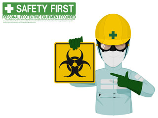 Industrial worker is presenting Biological Hazard sign