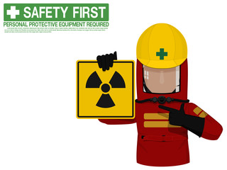 Industrial worker is presenting Radiation Hazard sign
