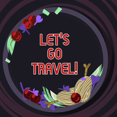 Conceptual hand writing showing Let S Is Go Travel. Business photo text Plan a trip visit new places countries cities adventure Hand Drawn Lamb Chops Herb Spice Cherry Tomatoes on Plate