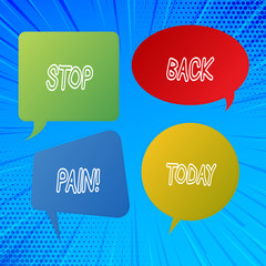 Writing note showing Stop Back Pain. Business photo showcasing Medical treatment for physical symptoms painful muscles