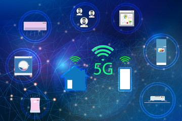 5G network and internet of wireless devices.Connect smart home and electrical appliances , Concept of communication with facilities.
