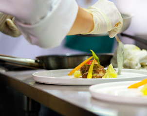 Chef preparing food, meal, in the kitchen, chef cooking, Chef decorating dish