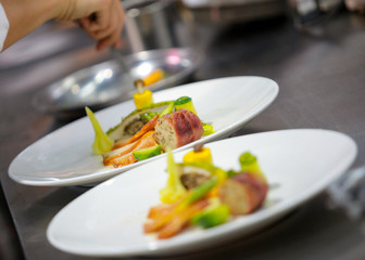 Chef preparing food, meal, in the kitchen, chef cooking, Chef decorating dish