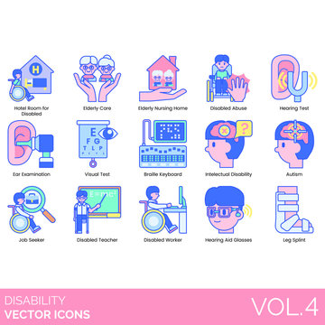 Disability Icons Including Hotel Room For Disabled, Elderly Care, Nursing Home, Abuse, Hearing Test, Ear Examination, Visual, Braille Keyboard, Intellectual, Autism, Job Seeker, Teacher, Worker, Aid.