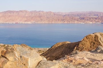 Fototapeta na wymiar Amazing panoramic view on Red Sea, Jordan, Saudi Arabia from Mountain or Har Cfachot in Eilat ,Israel