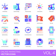 Online marketing icons including viral, business strategy, responsive design, content delivery, market watch, page speed, SEO white hat, users flow, goals completion, tags, backlinks building, PR.