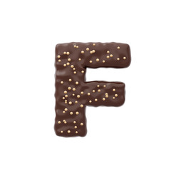 3D rendered letter shaped cake with chocolate icing and nonparelis on top