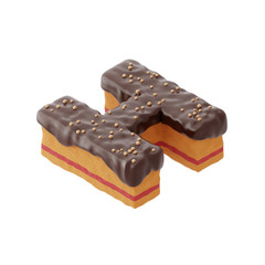 3D rendered letter shaped cake with chocolate icing and nonparelis on top on isometric view
