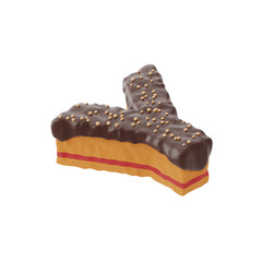 3D rendered letter shaped cake with chocolate icing and nonparelis on top on isometric view