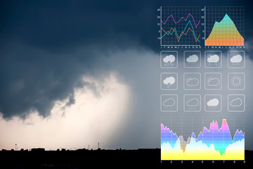 Weather forecast symbol data presentation with graph and chart on tropical storm...