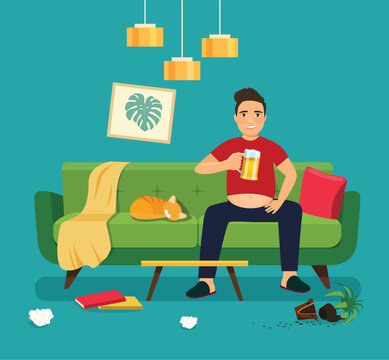Lazy young fat man with glass of beer sitting on sofa in the Messy living room interior. Vector flat style illustration
