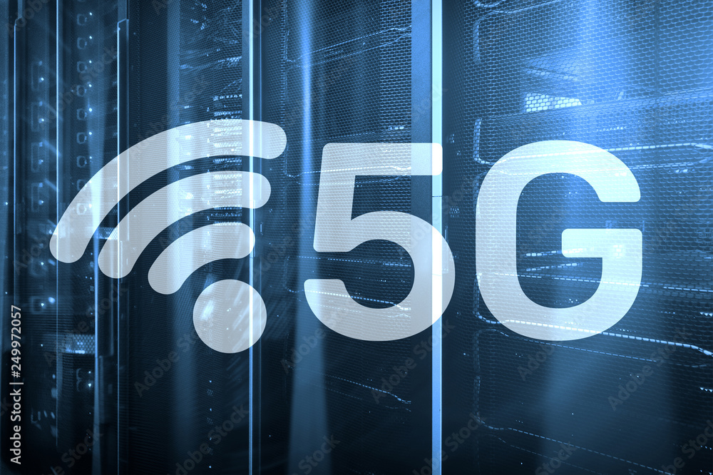 Wall mural 5g network, 5g internet connection concept in digital background. smart communication network concep