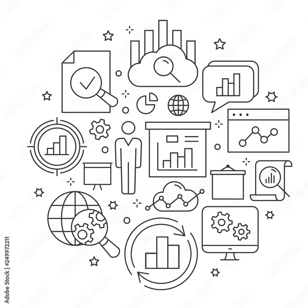 Poster data analysis outline icons set for interface, print.
