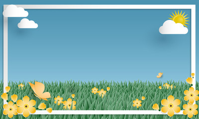 Grass and flower with butterfly in the garden with white frame.