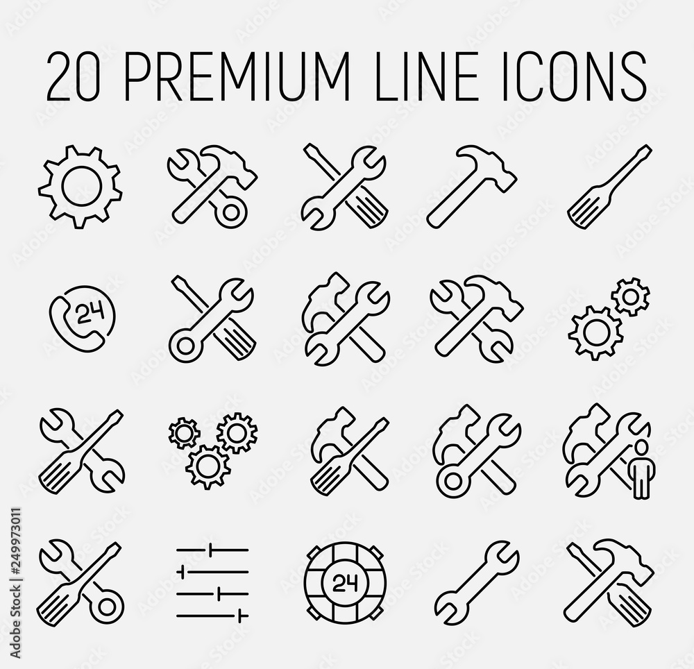 Poster technical support related vector icon set.