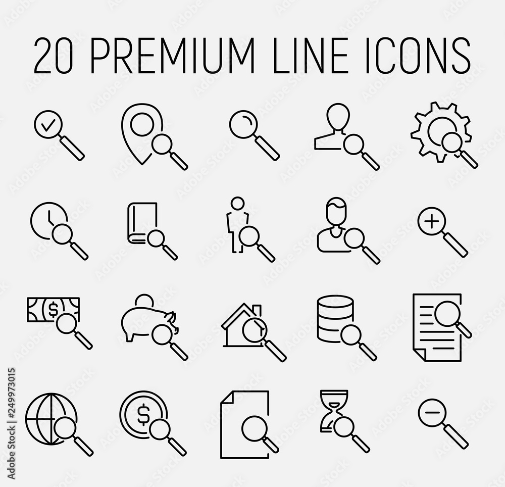 Poster set of search icons in modern thin line style.