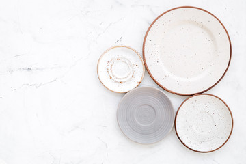Mockup with plates. Empty ceramic plates on white background top view space for text