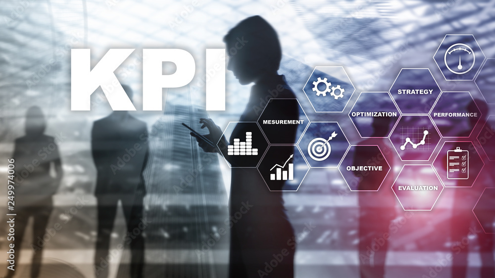 Poster kpi - key performance indicator. business and technology concept. multiple exposure, mixed media. fi